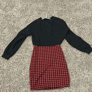 Girls size 11-12 red and black dress with black croppedover shirt